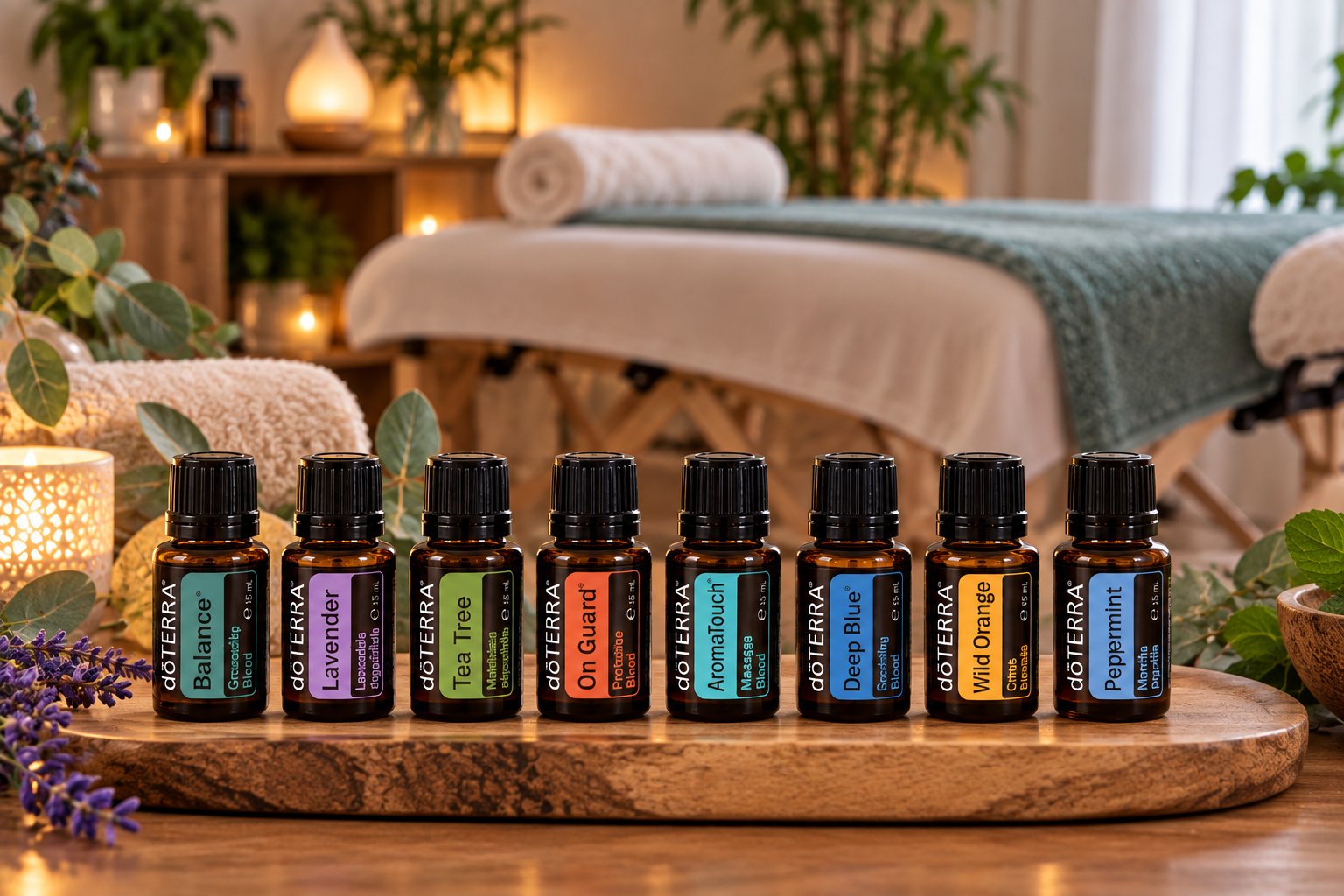 Die acht Öle der AromaTouch-Anwendung vor einer Massageliege mit Kerzenlicht
