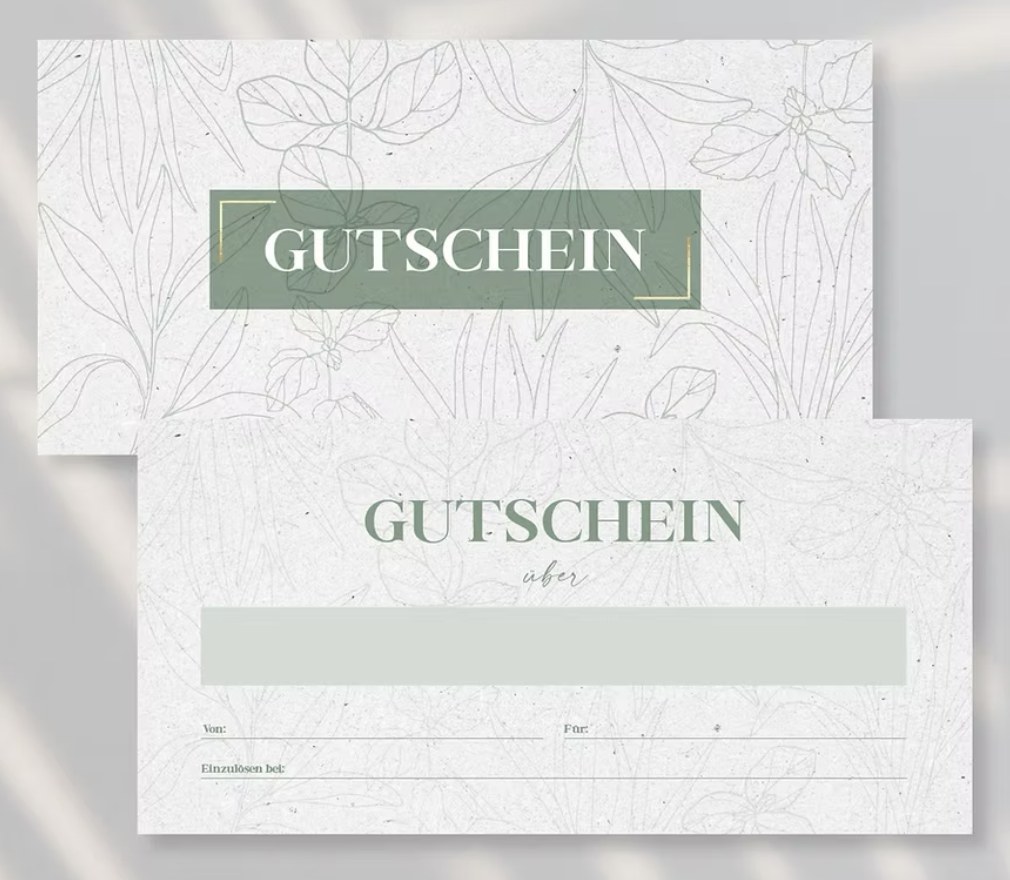 Mein Gutschein für eine AromaTouch-Anwendung – Vorder- und Rückseite mit zartem Blätter-Design