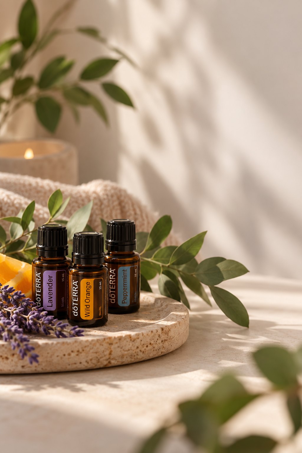 Ätherische Öle Lavendel, Wild Orange und Pfefferminze auf einem Steintablett mit Eukalyptus und Lavendelblüten